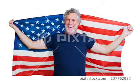 Senior man smiling, proudly holding American flag, transparent background 137762953