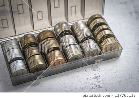 Coins in a case, Japanese yen piggy bank Coins in a case, Japanese yen piggy bank 137763132