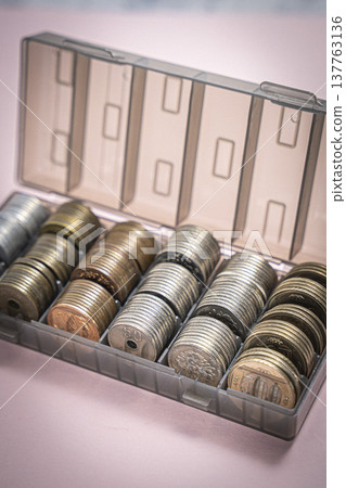 Coins in a case, Japanese yen piggy bank Coins in a case, Japanese yen piggy bank 137763136