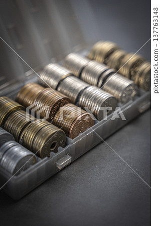 Coins in a case, Japanese yen piggy bank Coins in a case, Japanese yen piggy bank 137763148