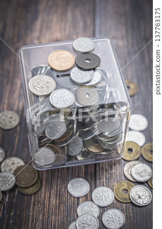 Coins in a case, Japanese yen piggy bank 137763175