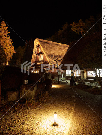 A wintertime view of Gero Gassho Village, a popular tourist spot in Gifu Prefecture, Japan, featuring the night sky and stars. A wintertime view of Gero Gassho Village, a popular tourist spot in Gifu Prefecture, Japan, featuring the night sky and stars. 137763195