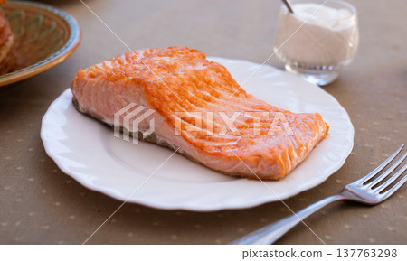 Gourmet Fish Steak with Elegant Sauce Serving 137763298