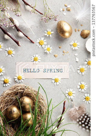 Hello Spring Card with Golden Easter Eggs Nest and Daisies 137763567