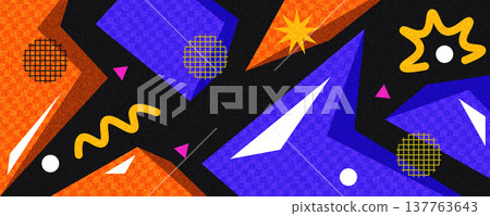 80s Retro Abstract Background with Memphis Style Geometric Shapes and Squiggly Line. Playful and Vibrant Banner Design 137763643