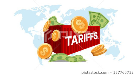 Logistic cargo container vector illustration in the composition with dollar Bills and cents coins against map of the world. Logistic cargo container vector illustration in the composition with dollar Bills and cents coins against map of the world. 137763732