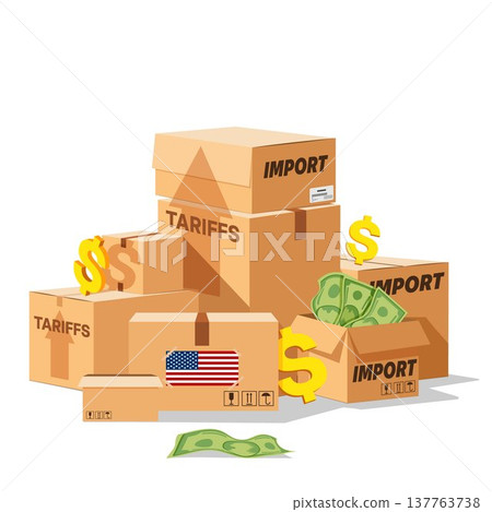 Tariffs and trade war concept vector illustration with craft logistic boxes, sings of dollar and percentages 137763738