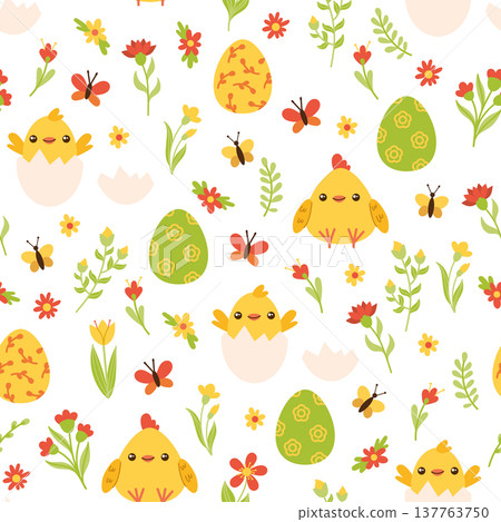 Easter pattern with cute chicks and eggs Easter pattern with cute chicks and eggs 137763750