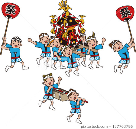 日本傳統活動。插圖描繪了孩子們抬著便攜式神龕和供品箱的情景。 137763796