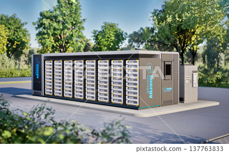 Energy storage system or battery container unit see through under blue sky Energy storage system or battery container unit see through under blue sky 137763833