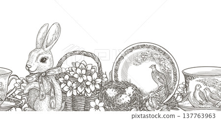 Easter seamless border with cute bunny and vintage dishware. Hand drawn vector design of flower basket and egg nest. Graphic line art print ideal for card template. Perfect for spring holiday season. Easter seamless border with cute bunny and vintage dishware. Hand drawn vector design of flower basket and egg nest. Graphic line art print ideal for card template. Perfect for spring holiday season. 137763963