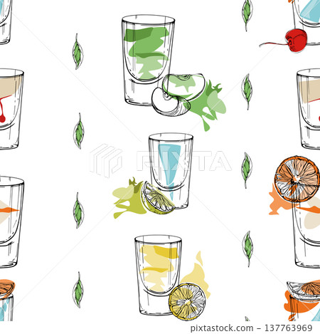 Shot glasses, summer drinks with mint leaf stripes, fruit and citrus garnish. Bright cocktail repeat in playful tones. Hand drawn seamless vector for recipe backgrounds, craft kits, bar menu wrapping Shot glasses, summer drinks with mint leaf stripes, fruit and citrus garnish. Bright cocktail repeat in playful tones. Hand drawn seamless vector for recipe backgrounds, craft kits, bar menu wrapping 137763969