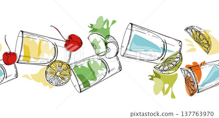 Lemonade, flavored drinks, fruit juice with citrus, cherry garnish. Rainbow cocktail band with crisp outline ink details. Vector seamless banner hand drawn for digital modules, menus, craft layouts. Lemonade, flavored drinks, fruit juice with citrus, cherry garnish. Rainbow cocktail band with crisp outline ink details. Vector seamless banner hand drawn for digital modules, menus, craft layouts. 137763970
