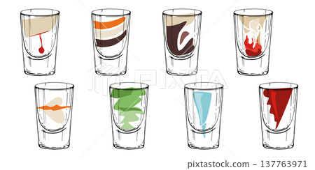 Vector mix of alcoholic cocktail shots, glasses hand drawn in ink, classic colors, recognizable fill. Slippery nipple, B-52, coffee or dark beer, Brain Hemorrhage, Kamikaze, Flatliner and Appletini. 137763971
