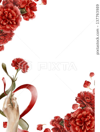 Template for poster of Portuguese revolution of carnations,symbols red flower upward raised hand with ribbons colored national flag of Portugal.Hand drawn watercolor illustration Template for poster of Portuguese revolution of carnations,symbols red flower upward raised hand with ribbons colored national flag of Portugal.Hand drawn watercolor illustration 137763989