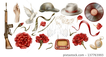 Portugals Carnation Revolution of April 25,1974.Red carnations,rifle,radio,vinyl record,felt hat,military cap,white dove,vintage pocket watches,hand,petals.Vintage watercolor for historical themes 137763993