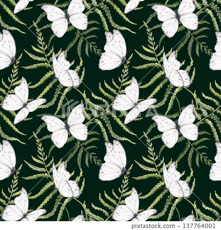 Delicate fern leaves in seamless pattern,echoing enchanted forests,Celtic heritage,white butterfly,untouched nature.Soft watercolor for eco branding,ancestral storytelling,mythical woodland themes Delicate fern leaves in seamless pattern,echoing enchanted forests,Celtic heritage,white butterfly,untouched nature.Soft watercolor for eco branding,ancestral storytelling,mythical woodland themes 137764001