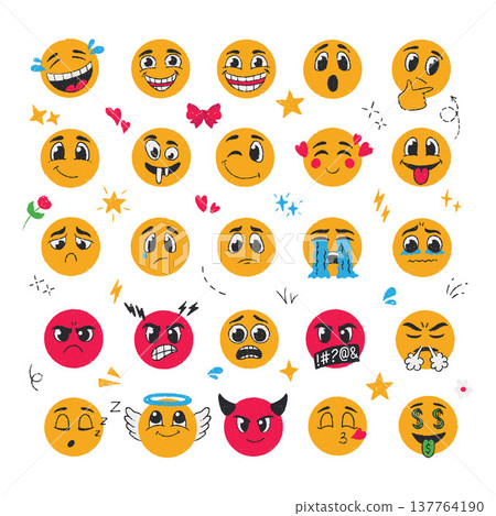 Hand-drawn crayon emoji set with colorful round faces showing various emotions. Cute sketch-style emoticons featuring smile, laugh, angry, sad expressions. Playful characters vector set. 137764190