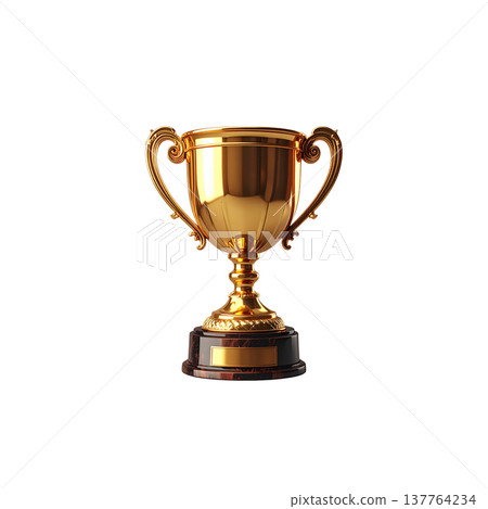 A sparkling 3D gold trophy is isolated against a white background. A sparkling 3D gold trophy is isolated against a white background. 137764234