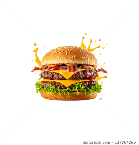 A delicious cheeseburger with juicy beef, fresh lettuce, and tomato on a sesame bun, placed against a white background. A delicious cheeseburger with juicy beef, fresh lettuce, and tomato on a sesame bun, placed against a white background. 137764269