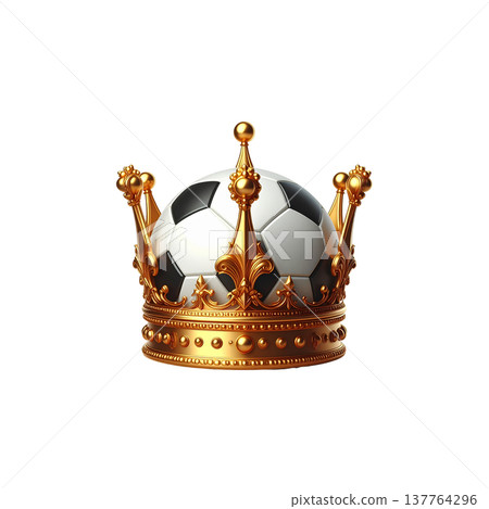 A three-dimensional, piece-by-piece illustration of a golden football adorned with a crown. 137764296