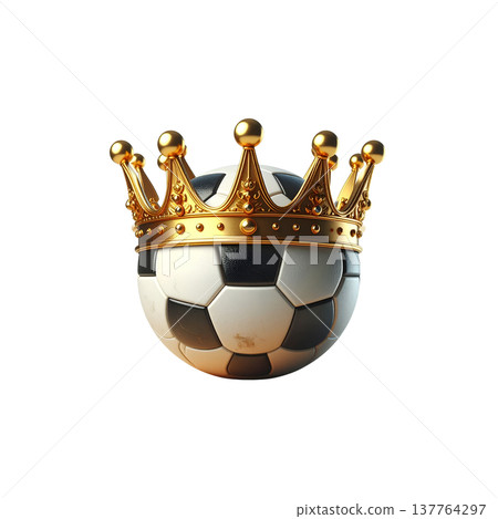 A three-dimensional, piece-by-piece illustration of a golden football adorned with a crown. 137764297