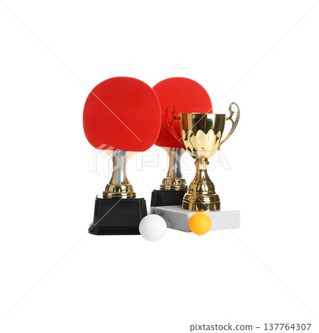 A sparkling 3D gold trophy is isolated against a white background. 137764307