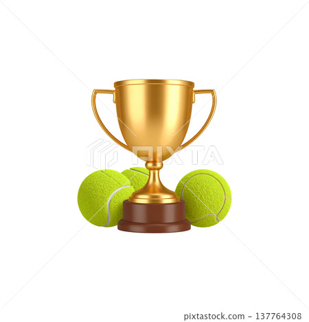 A sparkling 3D gold trophy is isolated against a white background. 137764308