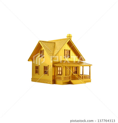 A small, gold 3D house model on a white background. A small, gold 3D house model on a white background. 137764313