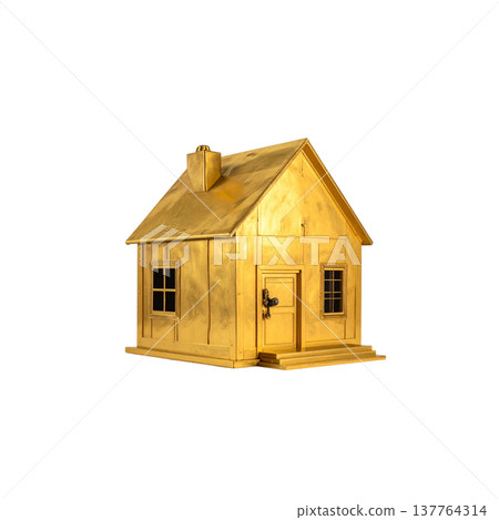 A small, gold 3D house model on a white background. A small, gold 3D house model on a white background. 137764314