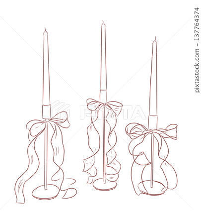 Hand drawn vintage elegant candles with outline bows in red color.  137764374