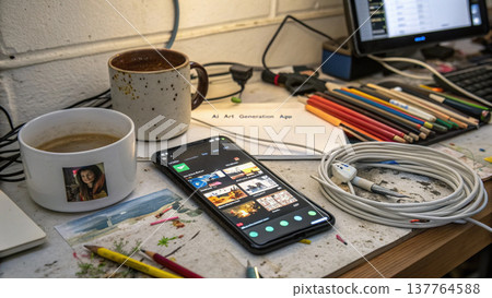 Cluttered desk with coffee cups, smartphone, colored pencils, coiled cable, and laptop in creative workspace with artistic tools and technology 137764588