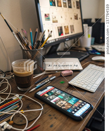 AI art generation app on cluttered wooden desk with smartphone, keyboard, coffee, pencils, and computer screen showing creative workspace 137764589