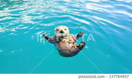 sea otter floating on its back in clear turquoise water, showcasing its playful nature and adorable expression 137764857