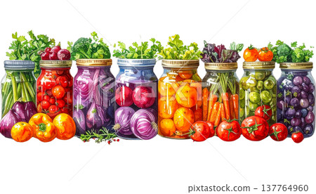 Glass jars containing pickled vegetables on a white background. 137764960