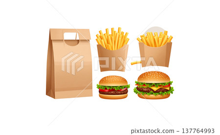A set of fast food icons consisting of a hamburger, french fries, and coffee in a box on a white background. A set of fast food icons consisting of a hamburger, french fries, and coffee in a box on a white background. 137764993