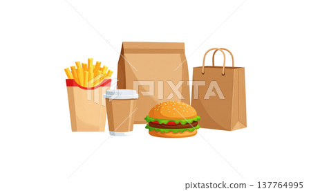 A set of fast food icons consisting of a hamburger, french fries, and coffee in a box on a white background. 137764995