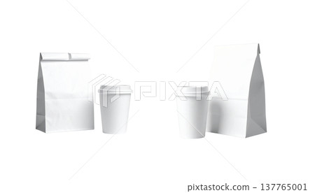 An empty white paper bag with handles lies on a white background. 137765001