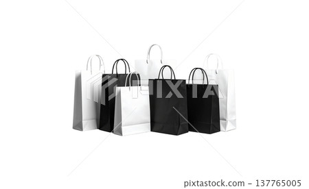 An empty white paper bag with handles lies on a white background. 137765005