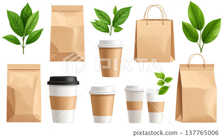 A set of brown cardboard coffee cups and green leaves on a white background. A set of brown cardboard coffee cups and green leaves on a white background. 137765006