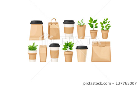 A set of brown cardboard coffee cups and green leaves on a white background. A set of brown cardboard coffee cups and green leaves on a white background. 137765007
