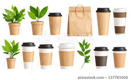A set of brown cardboard coffee cups and green leaves on a white background. A set of brown cardboard coffee cups and green leaves on a white background. 137765008