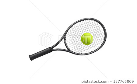 The isolated illustration shows a yellow tennis racket and a tennis ball on a white background. 137765009
