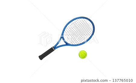 The isolated illustration shows a yellow tennis racket and a tennis ball on a white background. The isolated illustration shows a yellow tennis racket and a tennis ball on a white background. 137765010