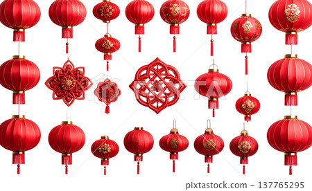 Red paper lanterns and gold ornaments on a white background. Red paper lanterns and gold ornaments on a white background. 137765295