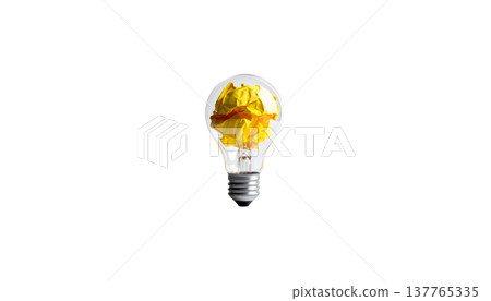 An illustration of a single, brightly glowing glass light bulb on a white background. An illustration of a single, brightly glowing glass light bulb on a white background. 137765335