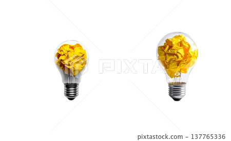 An illustration of a single, brightly glowing glass light bulb on a white background. An illustration of a single, brightly glowing glass light bulb on a white background. 137765336