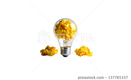 An illustration of a single, brightly glowing glass light bulb on a white background. An illustration of a single, brightly glowing glass light bulb on a white background. 137765337