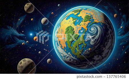 Colorful artistic depiction of planet Earth amidst the vastness of space and other planets. 137765406