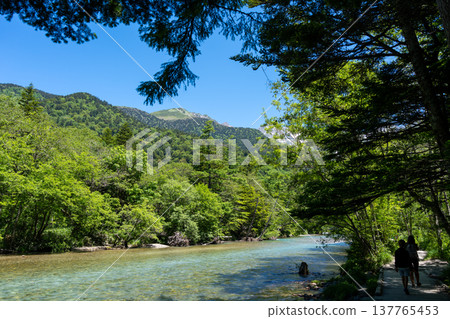 Azusa River and mountain view along Kamikochi trail, Japan Azusa River and mountain view along Kamikochi trail, Japan 137765453